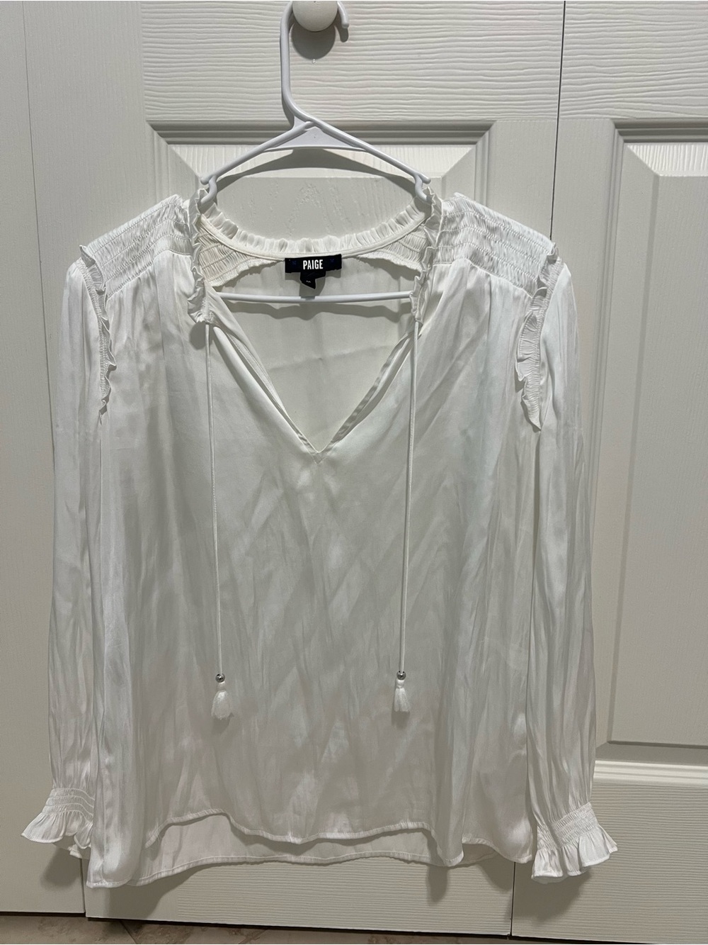 PAIGE White Long-Sleeve V-Neck Peasant Top with Tassel Ties